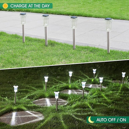 Solar Outdoor Lights, 10 Pack Waterproof Stainless Steel Solar Stake Lights for Pathway Garden Yard Path Walkway Driveway Lawn Patio Outside Decor, Cool White