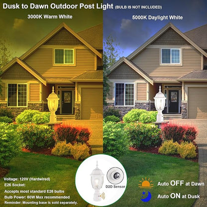 LIT-PaTH Dusk to Dawn Outdoor Post Lighting Fixture Pole Lantern, E26 Medium Base Max 60W, Aluminum Housing Plus Glass, Bulb Not Included (White, 1-Pack)