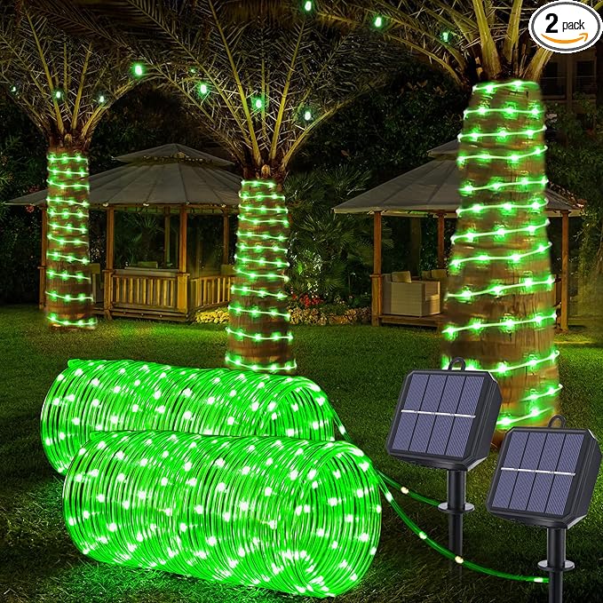 Solar Rope Lights Outdoor, 2-Pack 132ft Total, 400 LED 8-Mode Waterproof String Tube Lights for Garden & Patio, Green