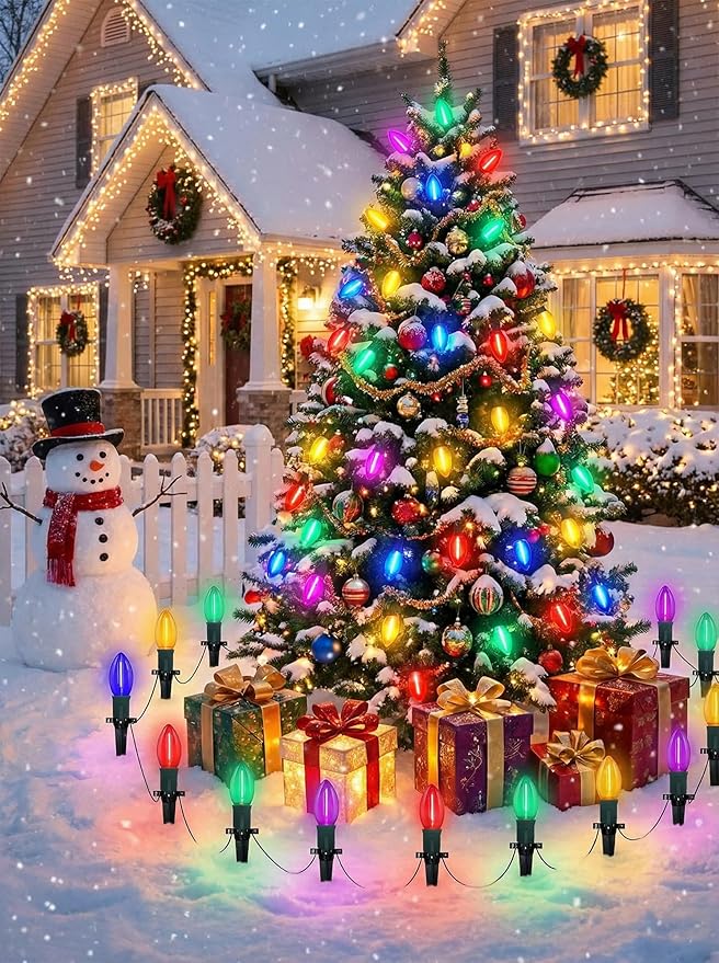 C9 Christmas Pathway Lights Outdoor, 38 Ft 25 LED Multicolor C9 Christmas Lights, Connectable Outdoor Waterproof Walkway Markers Light for Driveway Yard Garden Lawn Xmas Decorations