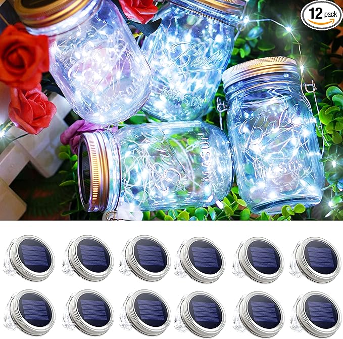 12-Pack Solar Mason Jar Lid Lights, 30 LED Patio Fairy