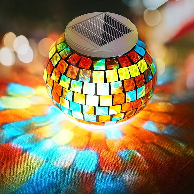 SunKite Solar Table Lights Outdoor Indoor Color Changing Crackle Crystal Glass Night Lights,Waterproof Solar Powered Mosaic Glass Ball Lamp,for Home Room Christmas Decorations (Square)