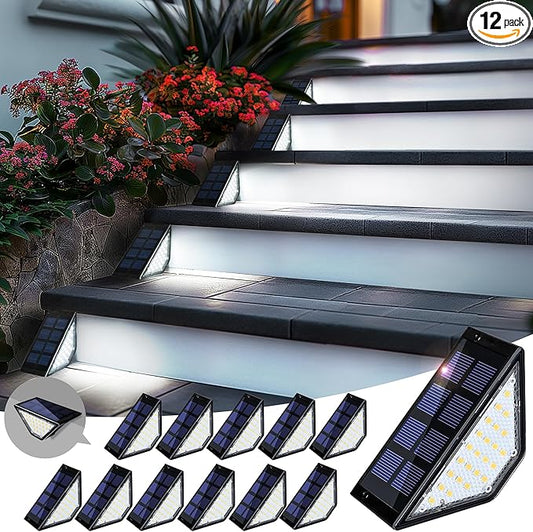 12 Pack Solar Step Lights for Outside, 24 LEDs Solar Stair Lights Waterproof IP65, Solar Deck Lights Outdoor Decor for Garden, Porch, Pathway, Patio, Fence(Cold White)