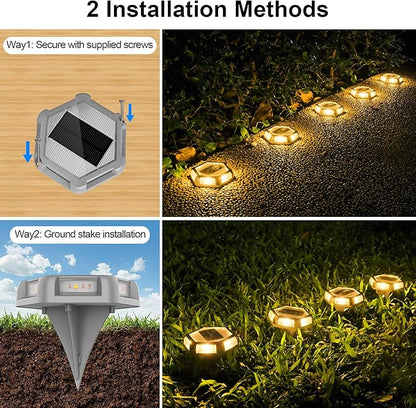 Solar Dock Lights Driveway Deck Lights - 8 Packs Waterproof Outdoor LED Aluminum Dock Lighting Warning Step Light for Driveway Sidewalk Garden Pathway Yard (Warm White,Gray Shell)