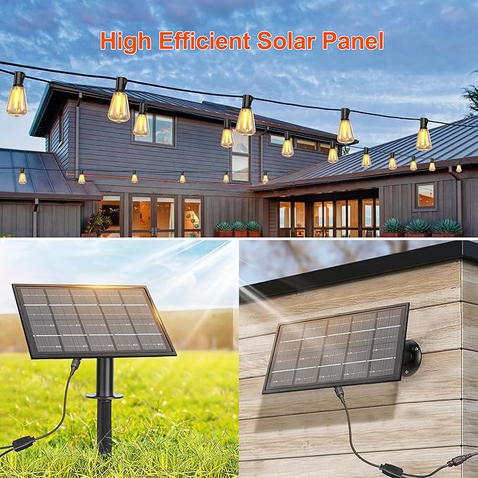 120FT Solar String Lights Outdoor Waterproof with Remote Control Solar Patio Lights 30+2 shatterproof LED ST38 Bulbs for Porch Garden Market Bistro Patio Backyard Fence