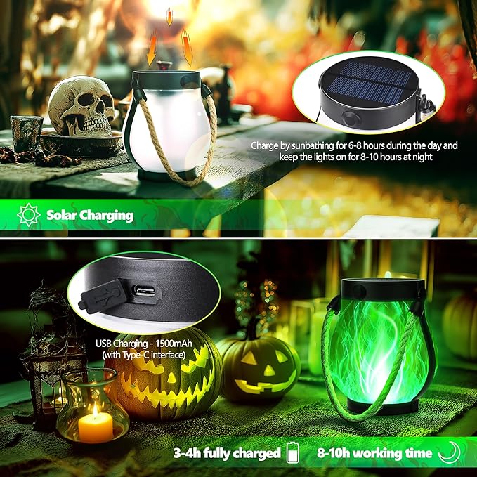 Solar Flame Lantern Hanging Outdoor Waterproof - 2 Pack Flame Lanterns with Dual Charging Modes of Solar & USB for Garden or Yard Decorations (Green - 2 Pack)