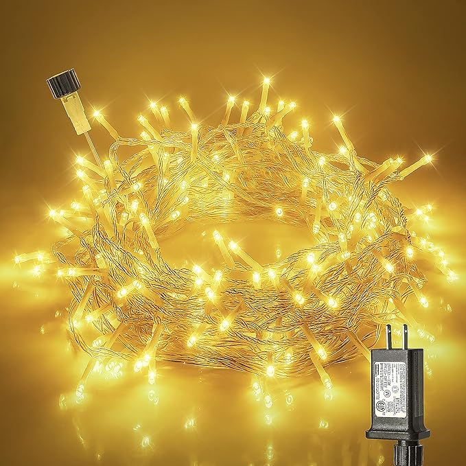 Hopolon 100 LED Christmas Lights Indoor Outdoor,33FT Warm White Twinkle Fairy Light Plug in,8 Modes Waterproof Clear Wire String Lights for Bedroom Classroom Xmas Tree Wedding Party,100 LED,Warm White