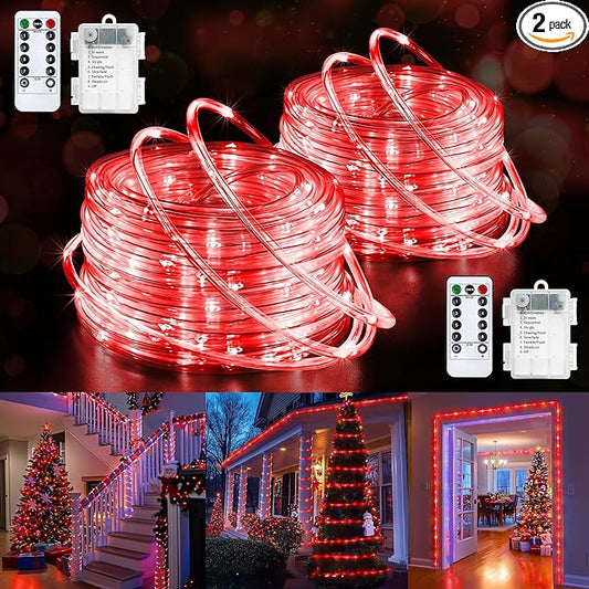 Jnaurb 2-Pack Battery Operated Rope Lights for Outside, Total 66FT 200LED 8 Modes Battery Operated String Lights, Waterproof Christmas Fairy Light with Remote for Outdoor Indoor Xmas Party Decor - Red