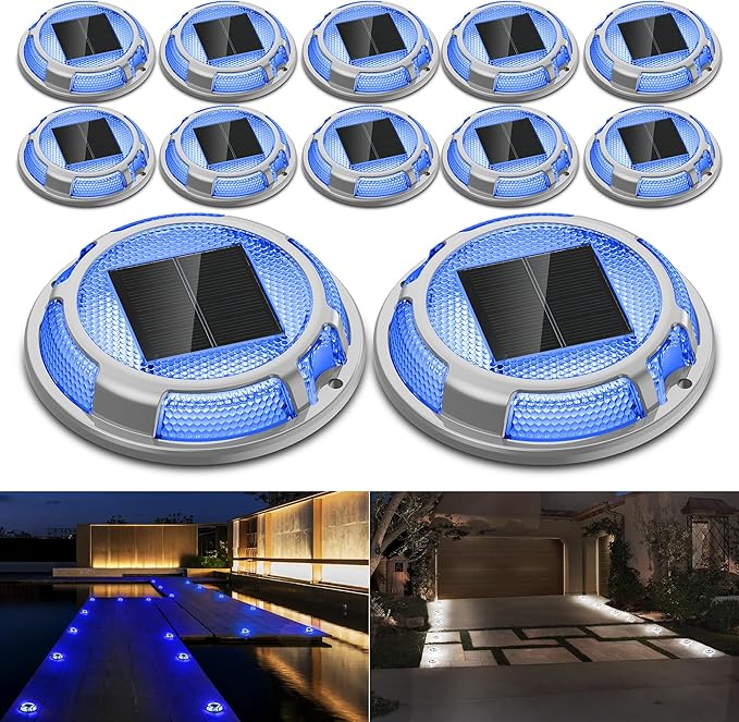 Solar Driveway Lights Dock Lights Waterproof 12 Pack, 2 Colors in 1 Outdoor LED Solar Deck Lights, Solar Powered Walk Way Light Road Marker for Warning Stair Pathway Patio(Blue & White)