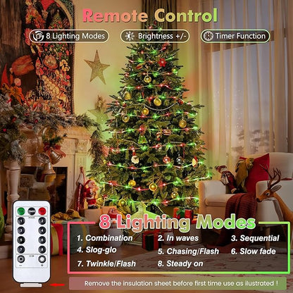 Jnaurb 2-Pack Battery Operated Rope Lights for Outside, Total 66FT 200LED 8 Modes Battery Operated String Lights, Waterproof Christmas Fairy Light with Remote for Outdoor Indoor Xmas Decor-Red & Green