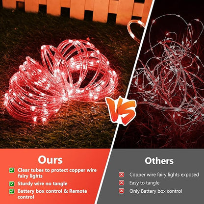 Jnaurb 2-Pack Battery Operated Rope Lights for Outside, Total 66FT 200LED 8 Modes Battery Operated String Lights, Waterproof Christmas Fairy Light with Remote for Outdoor Indoor Xmas Party Decor - Red