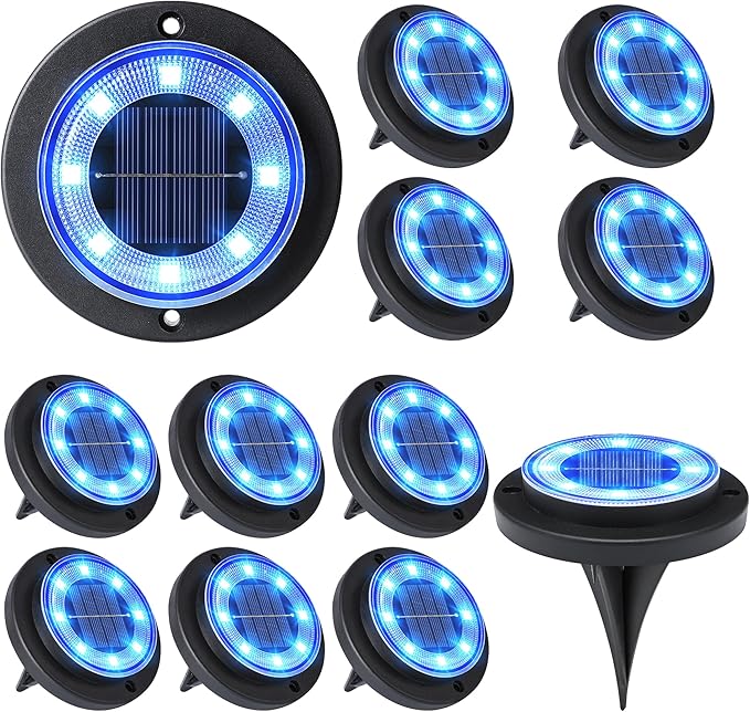 12-Pack Solar Ground Disk Lights, Blue Waterproof LED
