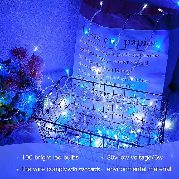 Hopolon Blue and White Christmas Lights Outdoor,33FT 100 Led Plug in Fairy String Lights Clear Wire,8 Modes Waterproof Christmas Tree Light for Indoor Outside Bedroom Party Wedding,100 LED,Blue White