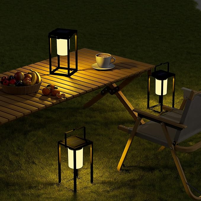 Outdoor Solar Lantern Table Lamp, Black Metal Portable Rechargeable Solar Lamp Waterproof Outdoor Lamps Decorative Large Outdoor Lanterns for Porch Patio Camping Walking Reading