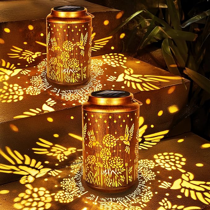 Solar Hummingbird Lanterns 2-Pack, Backyard Hanging LED Decor