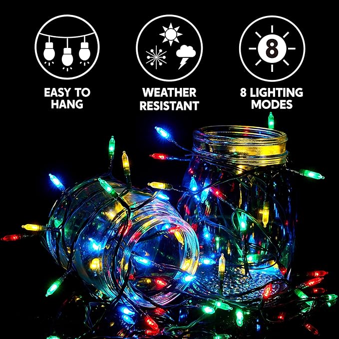 Joiedomi LED Christmas String Lights,200 Count 66.3FT Battery Operated Christmas Tree Fairy Lights with 8 Modes,Multifunction Green Wire for Xmas Decor Party Holiday House,Multicolor