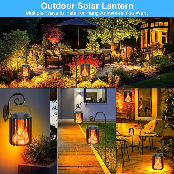 Solar Lantern Outdoor Lights 4 Pack, Upgraded Flickering Flame Solar Lanterns Lights Outdoor Waterproof, Hanging Lantern Decorative, Solar Powered Lanterns for Yard Patio Path Garden Decor