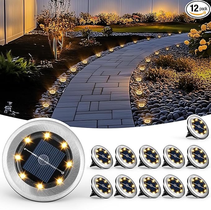 12-Pack Warm White In-Ground Solar Lights, Flat LED Walkway