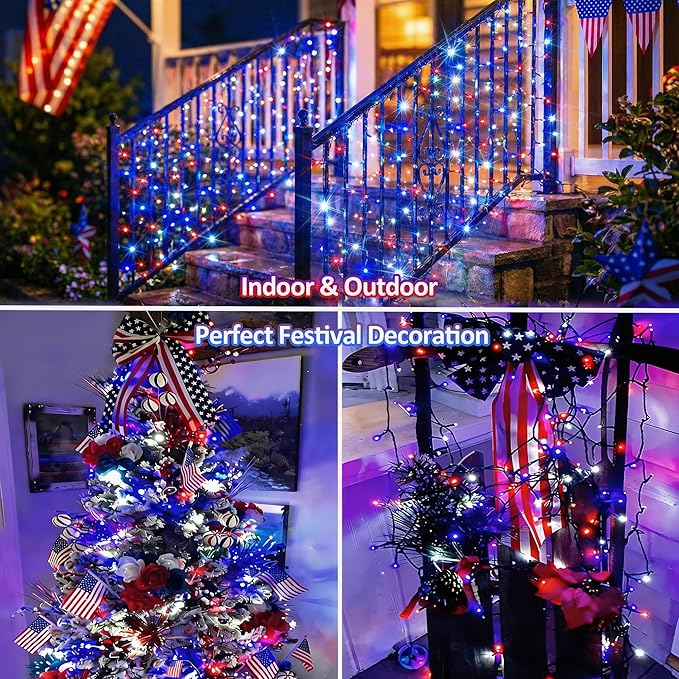 66ft 200LED Red White Blue Patriotic Lights for 4th of July Decoration Battery Fairy String Lights Indoor Outdoor Waterproof Remote Timer 8 Modes for Independence Day American Flag Holiday