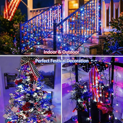 66ft 200LED Red White Blue Patriotic Lights for 4th of July Decoration Battery Fairy String Lights Indoor Outdoor Waterproof Remote Timer 8 Modes for Independence Day American Flag Holiday