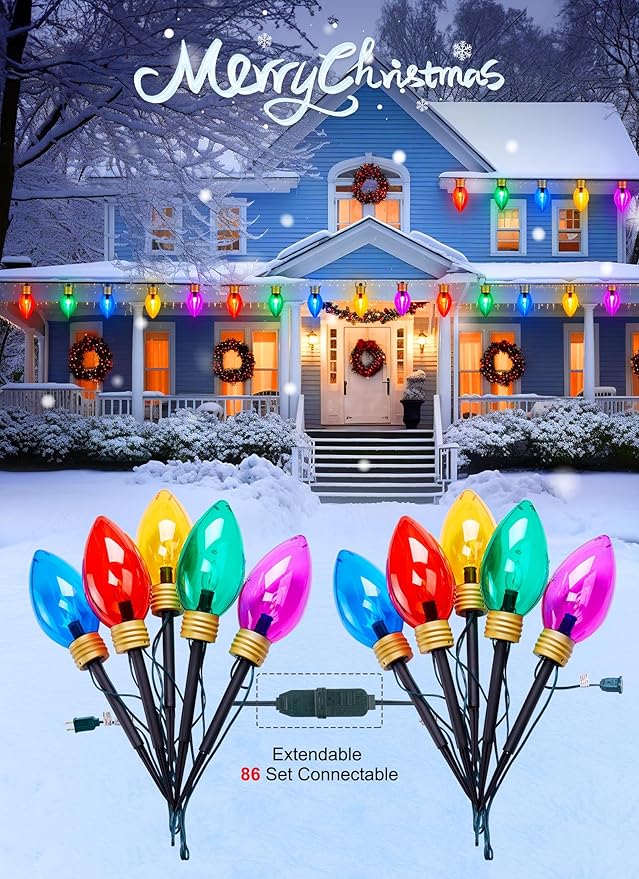 Super Jumbo C9 Christmas Pathway Lights - 11FT 5 LED C9 Pathway Light, Multicolor Christma Decoration Outside, Waterproof Giant Christmas Lights Outdoor Decoration for Yard Holiday Lawn Walkway