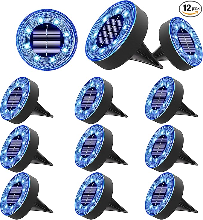 12-Pack Blue Flat Solar Walkway Lights, Waterproof LED