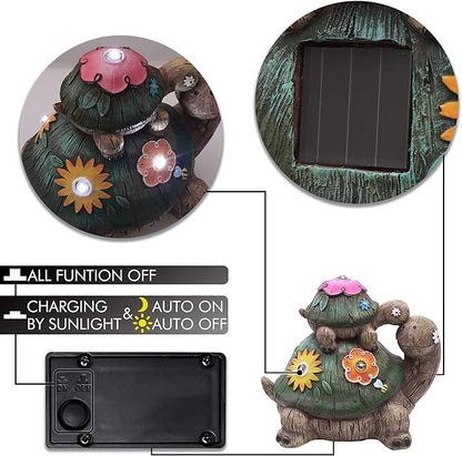 TERESA'S COLLECTIONS Garden Decor, Turtles Garden Decor, Family Tortoises with Solar Light, Waterproof Resin Garden Statue, Turtles Gifts Birthday Gifts for Women Mom, 7"