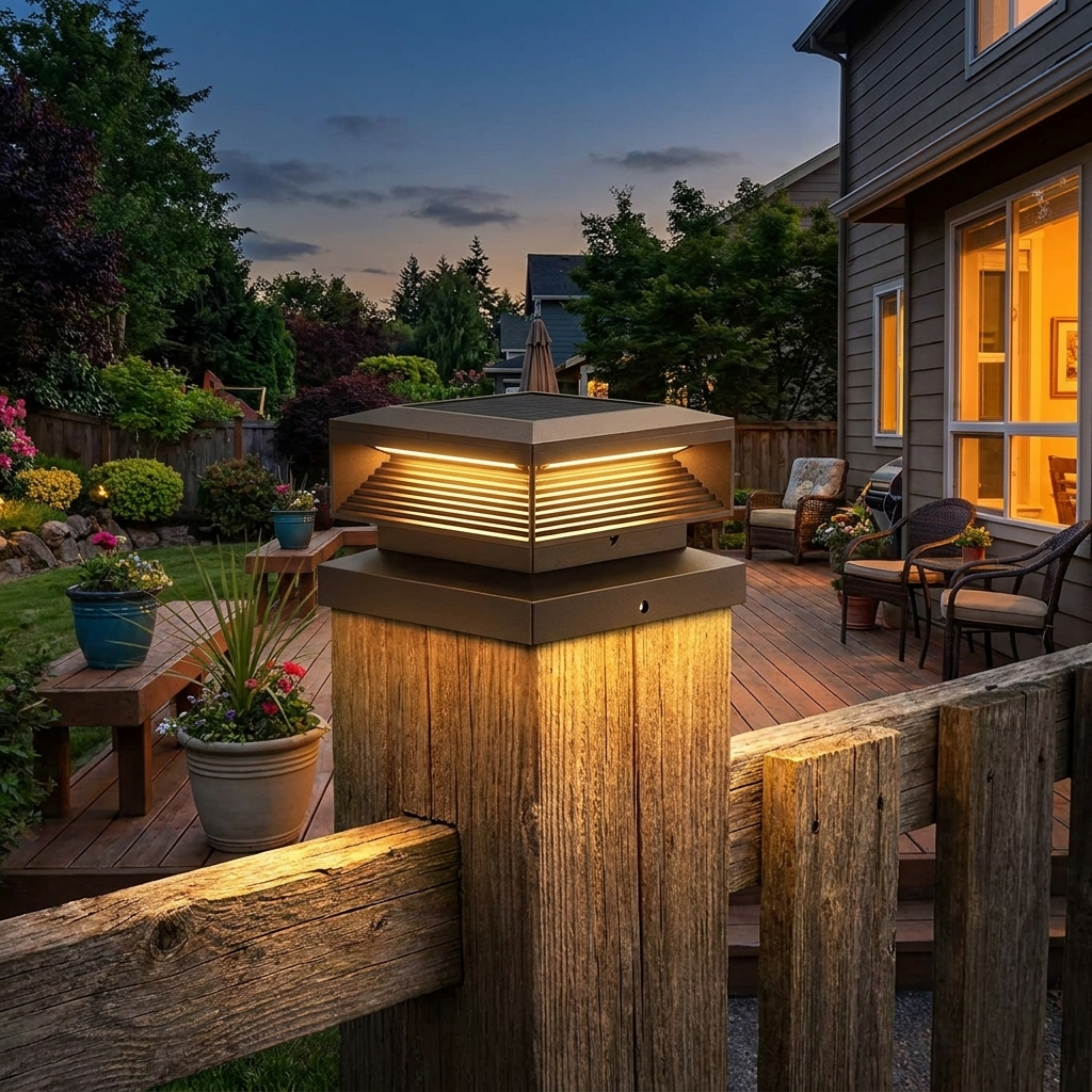 Solar patio post cap light glowing at dusk on a fence post