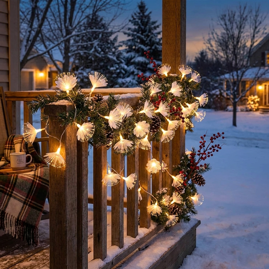 Christmas LED twinkle lights glowing at dusk wrapped around a porch railing