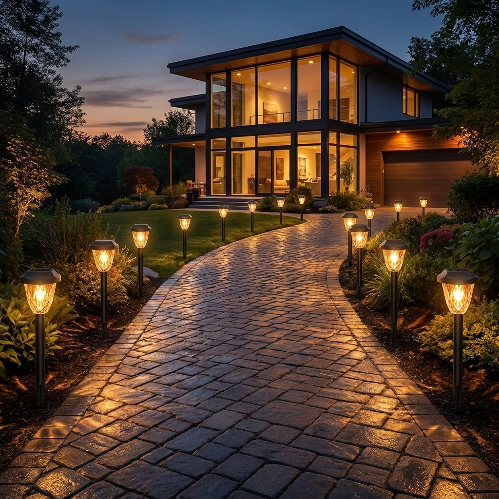 16-pack solar driveway path lights glowing at dusk along a driveway