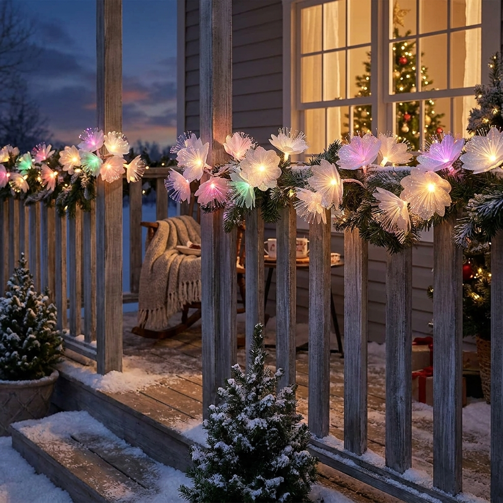 Christmas string lights glowing at dusk wrapped around a porch railing