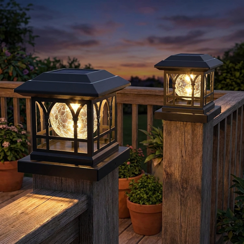 Warm white 2-pack solar yard post cap lights glowing at dusk on deck posts