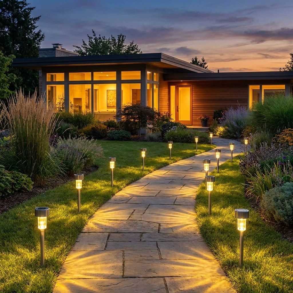 12-pack warm white solar path lights glowing at dusk along a stone garden walkway