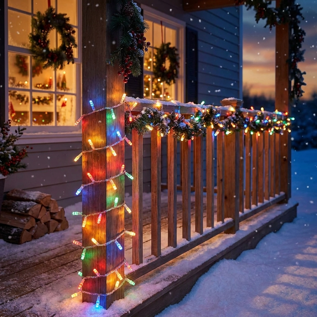 Christmas LED string lights glowing at dusk wrapped around a porch railing