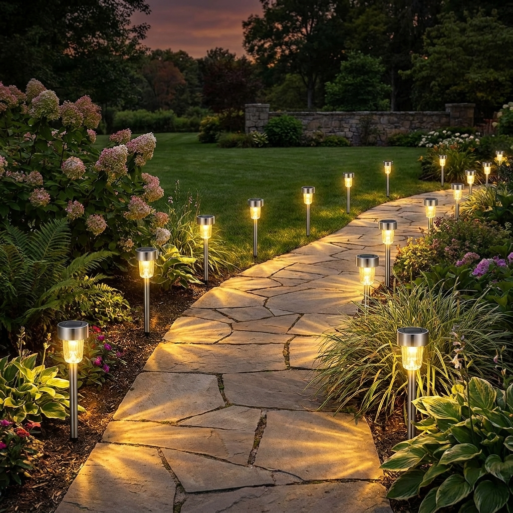 20-pack IP44 solar landscape lights glowing at dusk along a garden path